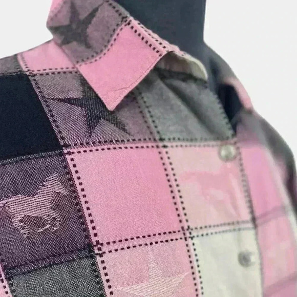 ADOBE ROSE button down western plaid shirt pink black stars horses - Picture 5 of 6